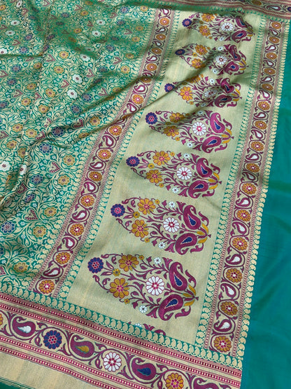 Green Banarasi Minakari Pure Silk Brocade Saree | 100% Pure Katan Silk with Intricate Brocade Design