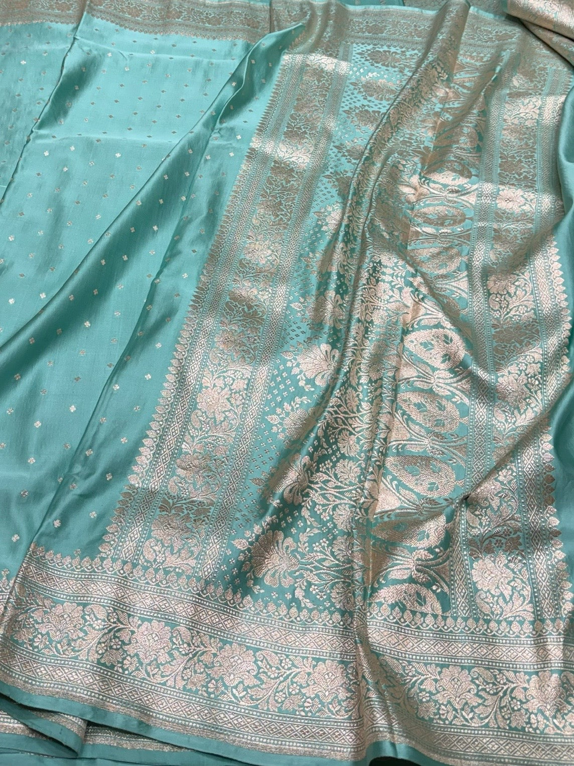 Sea Blue Handwoven Vintage Pure Banarasi Satin Silk Saree