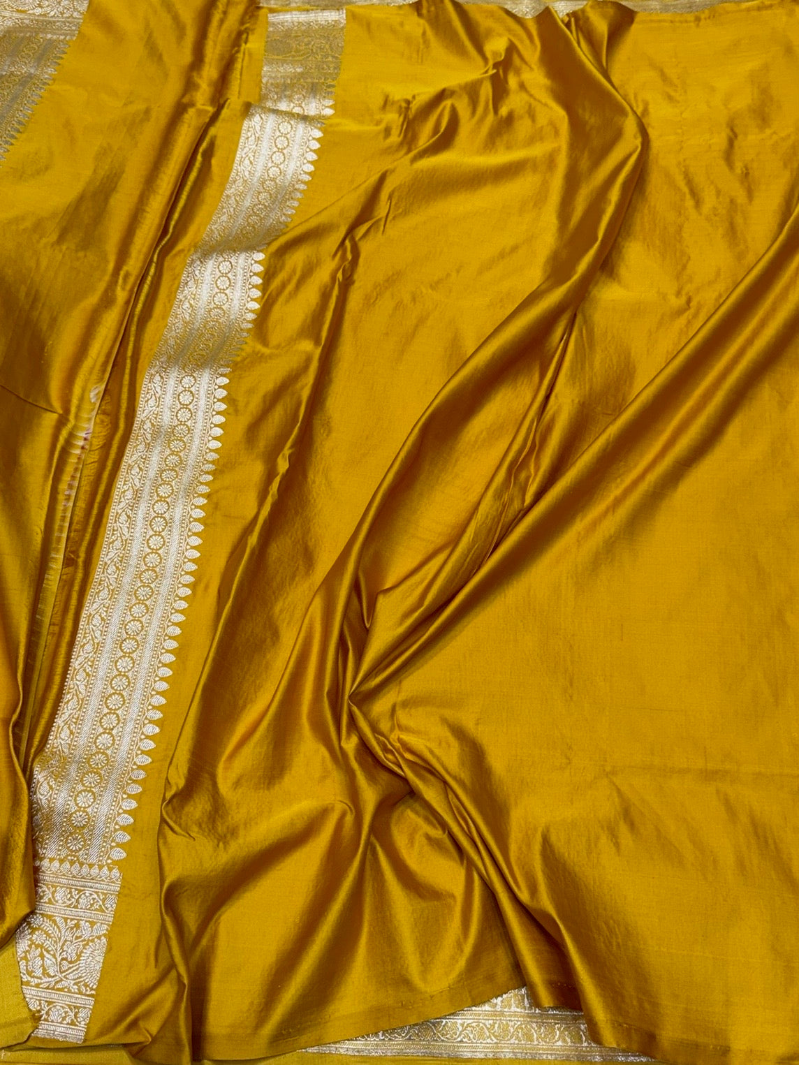 Yellow Vintage Banarasi Pure Satin Silk Brocade Saree – Luxury Cutwork Wedding &amp; Festive Saree