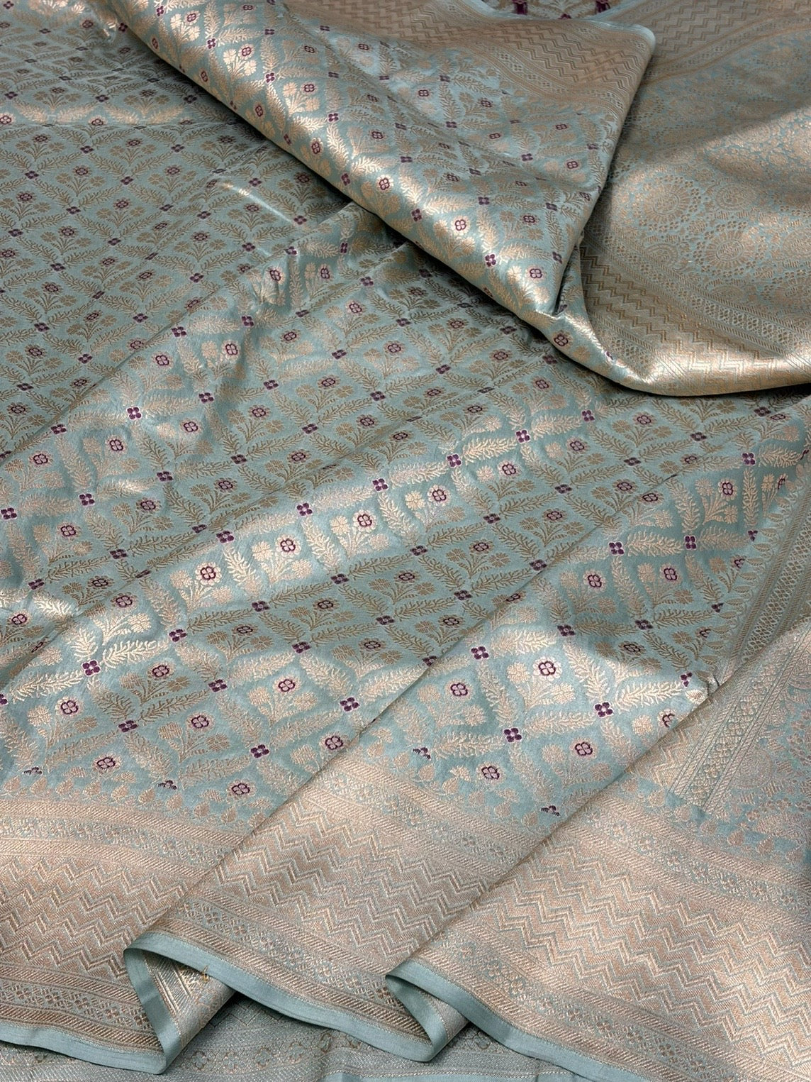 Powder Blue Banarasi Minakari Pure Katan Silk Brocade Saree