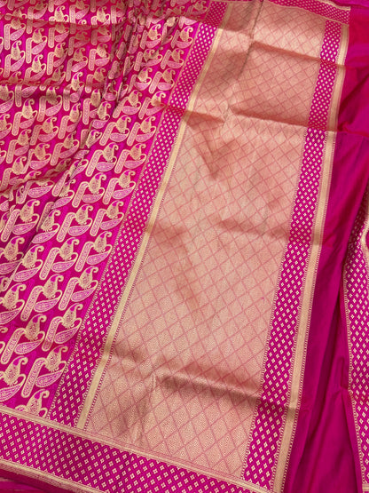 Rani Pink Handwoven Pure Banarasi Satin Tanchoi Silk Saree – Traditional Cutwork Weave