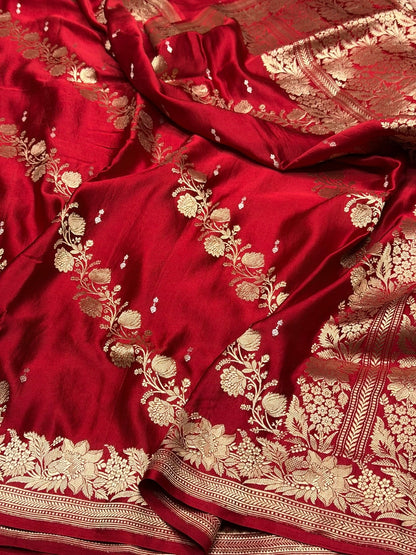 Red Handwoven Pure Mashru Banarasi Satin Silk Saree