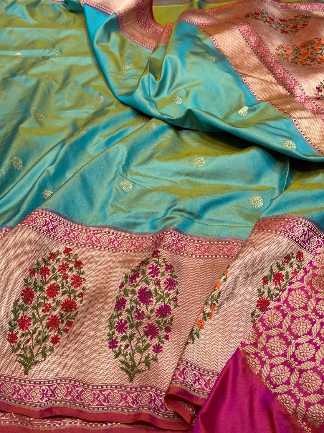 Sea Green Pure Banarasi Katan Silk Saree – Handwoven Kadwa Booti