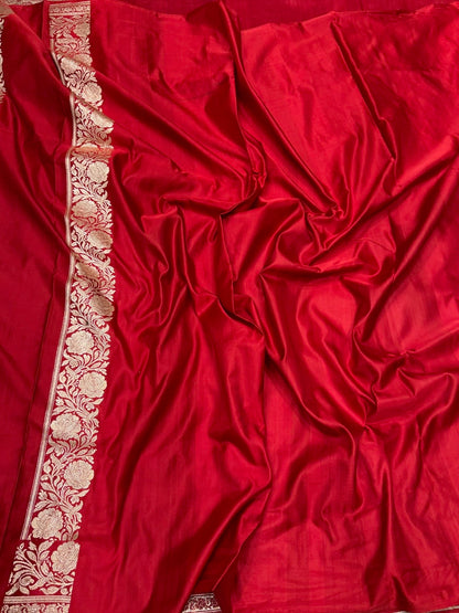 Red Handwoven Vintage Pure Banarasi Satin Silk Saree