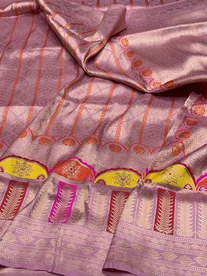 Gajiri Pink Handwoven Pure Banarasi Silk Kadwa Saree – 100% Pure Katan Mulberry Silk Brocade
