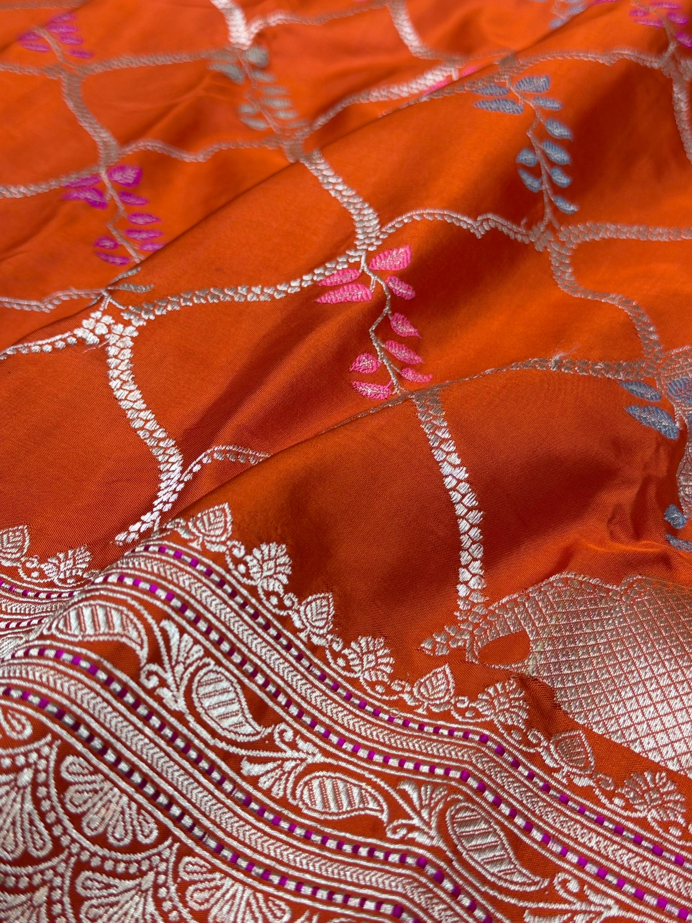 Orange Handwoven Pure Banarasi Silk Saree – Kadwa Katan Mulberry Silk | Authentic Banaras Handloom