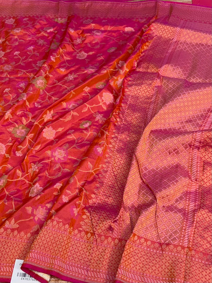 Orangish Pink Handwoven Pure Banarasi Ektara Silk Saree
