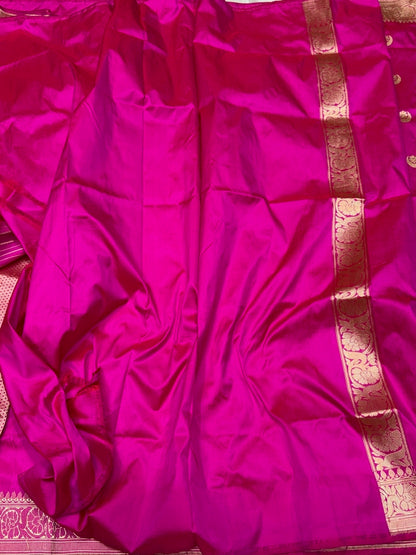 Rani Pink Handwoven Chand Tara Koniya Pure Banarasi Silk Saree – Kadwa Weave | Bridal Katan Silk | 100% Pure Mulberry Silk