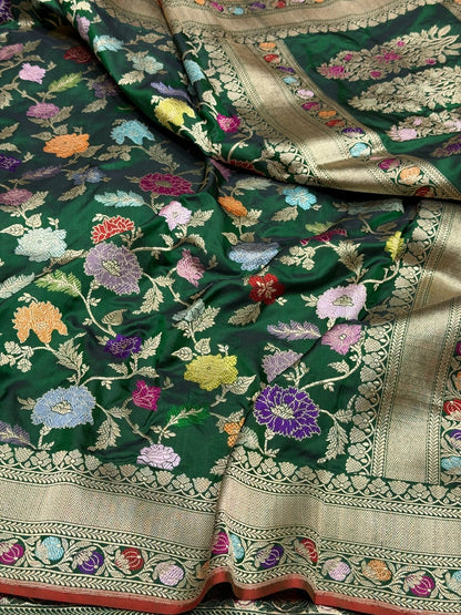 Bottle Green Handwoven Pure Banarasi Silk Saree