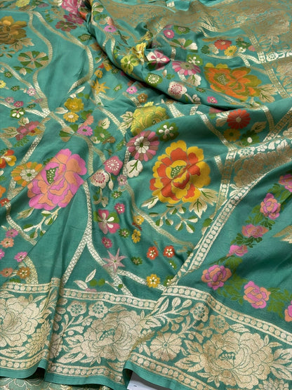 Sea Green Pure Banarasi Chiffon Georgette Saree