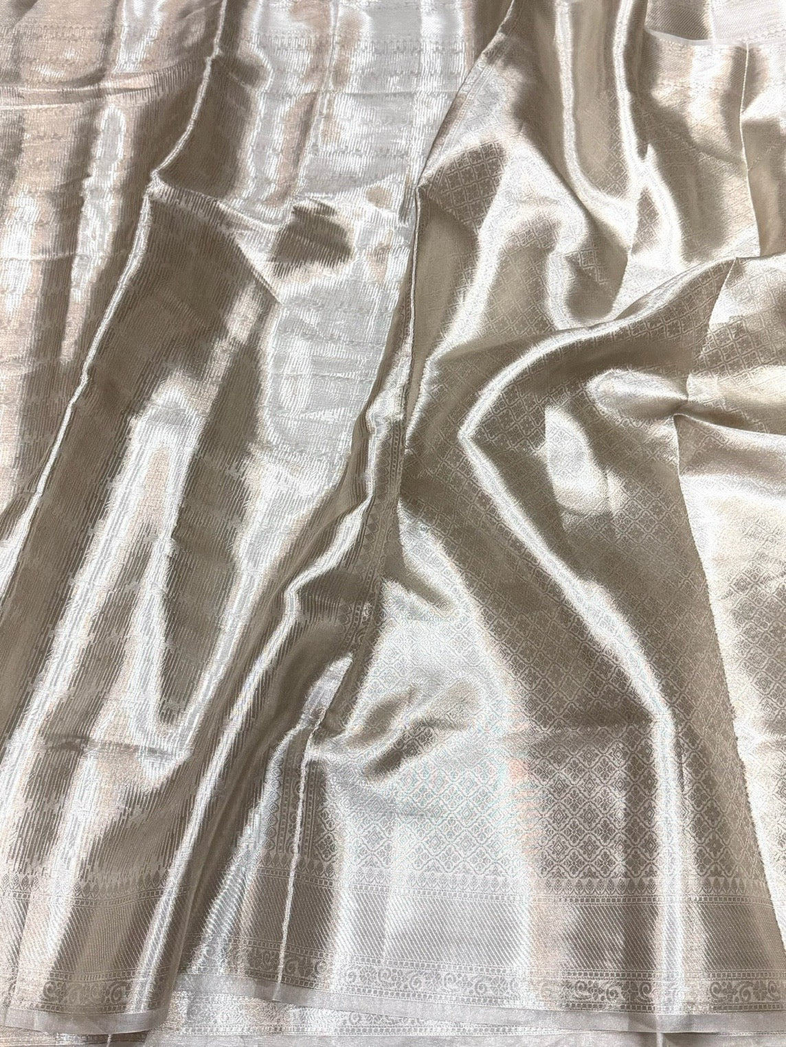 Champagne Silver Banarasi Pure Tissue Brocade Silk Saree – Festive &amp; Wedding Saree