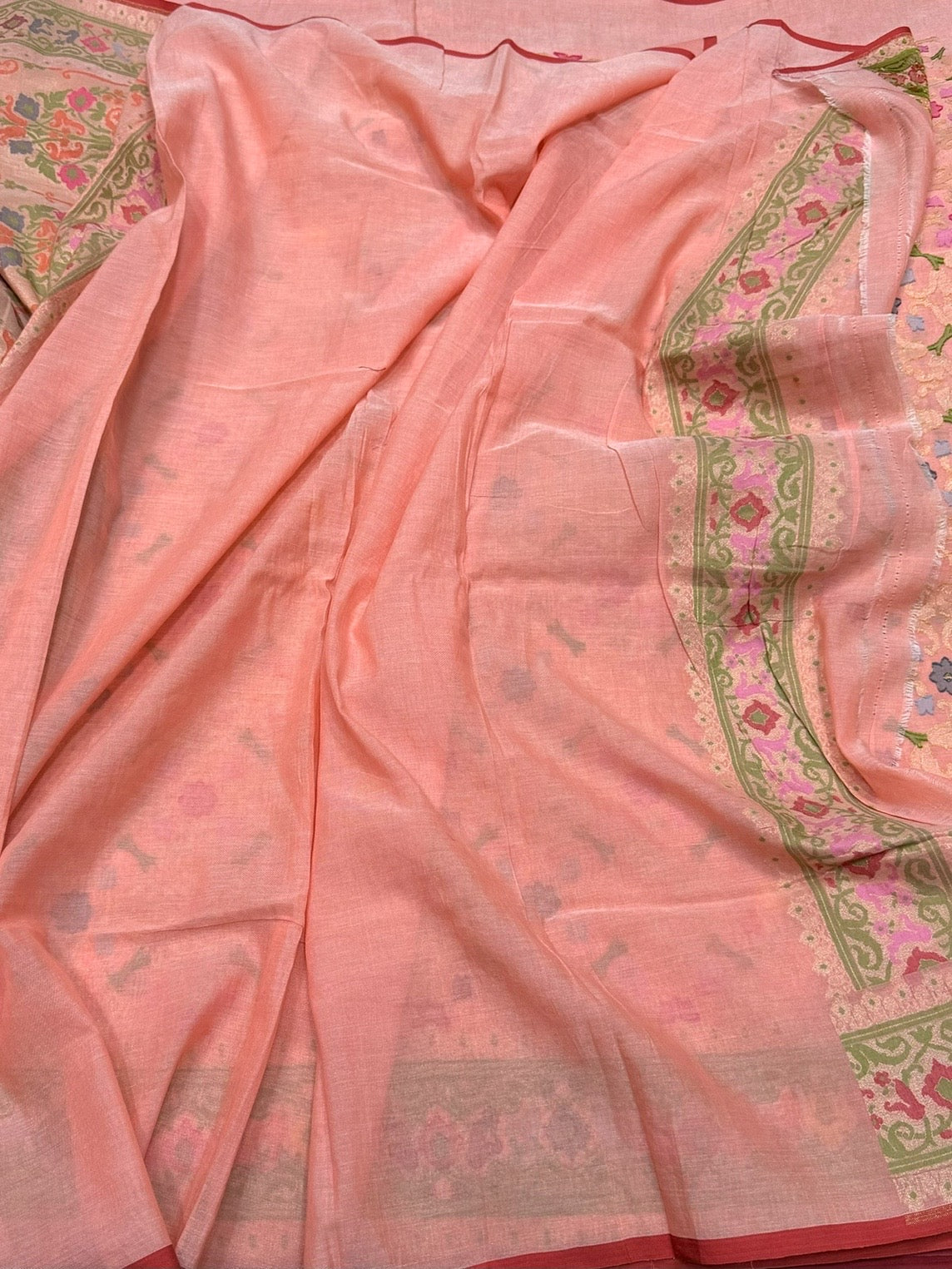 Peach Pure Muslin Cotton Jamdani Saree