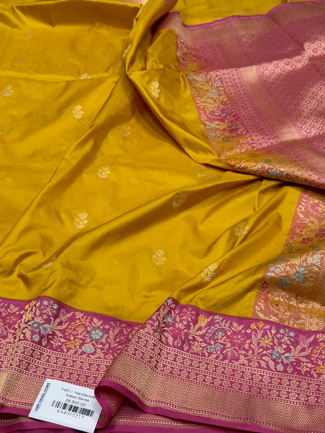 Yellow Handwoven Pure Banarasi Katan Silk Saree 100% Pure Mulberry Silk
