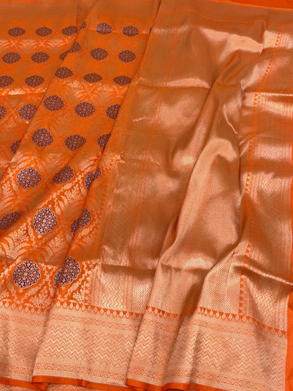 Orange Banarasi Minakari Pure Katan Silk Brocade Saree