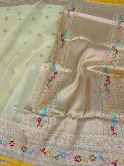 Yellow Handwoven Pure Banarasi Organza Saree
