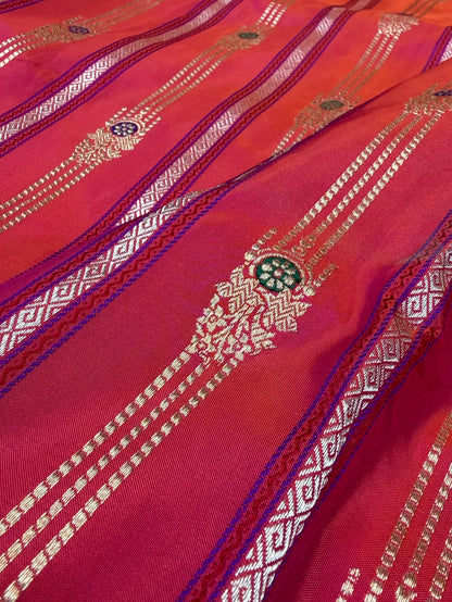Orangish Pink Handwoven Pure Banarasi Silk Saree – Kadwa Katan Mulberry Silk | Authentic Banaras Handloom