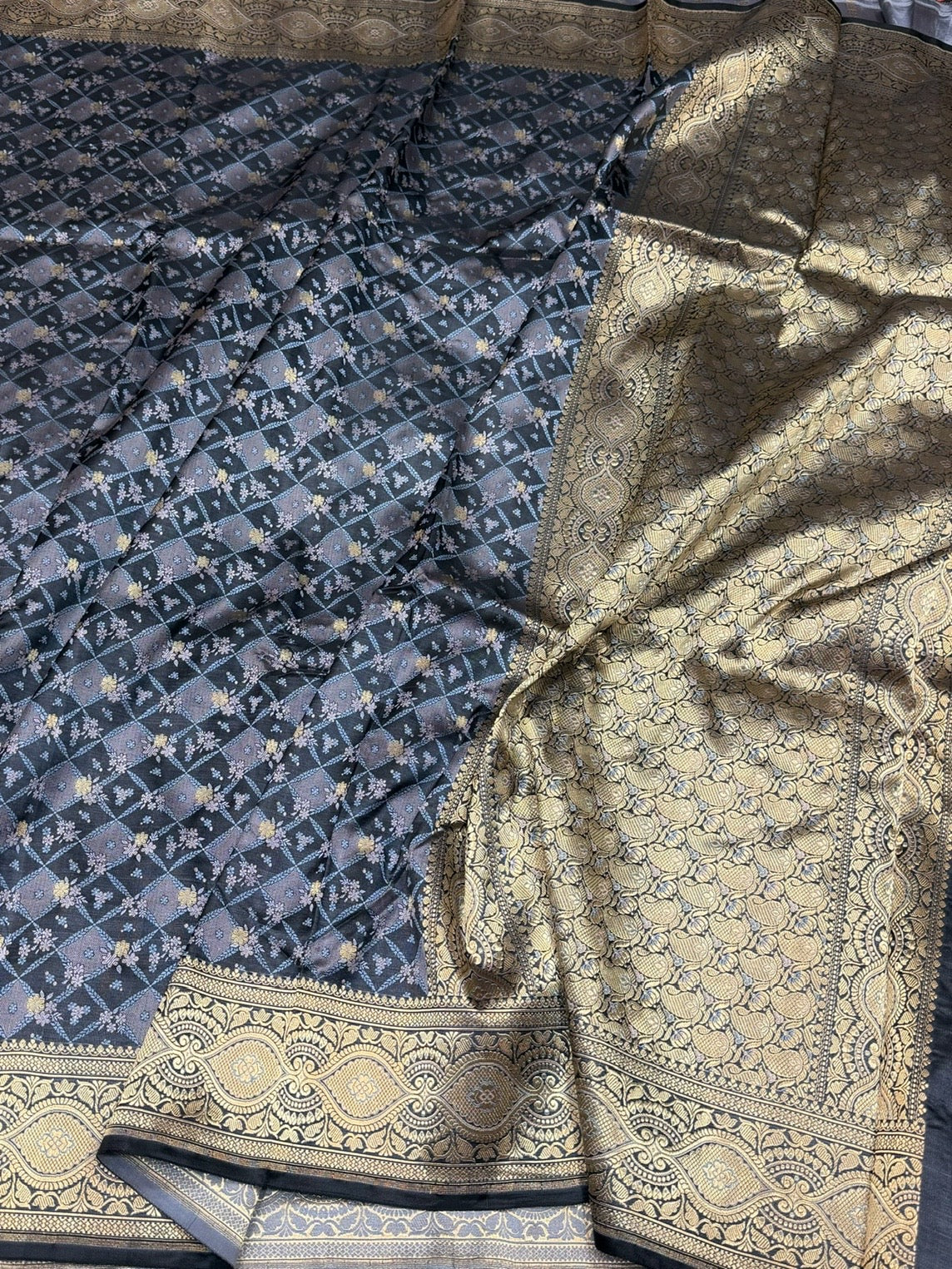 Black Handwoven Pure Banarasi Satin Tanchoi Silk Saree – Cutwork Weave | Pure Satin Silk | Classic Black Banarasi Elegance