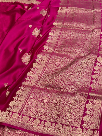 Rani Pink Handwoven Pure Mashru Banarasi Satin Silk Saree
