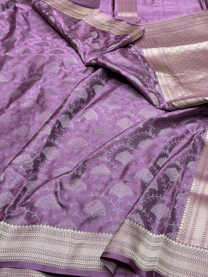 Lavender Handwoven Pure Banarasi Satin Tanchoi Silk Saree – 100% Pure Satin Silk, Intricate Kadwa Weave