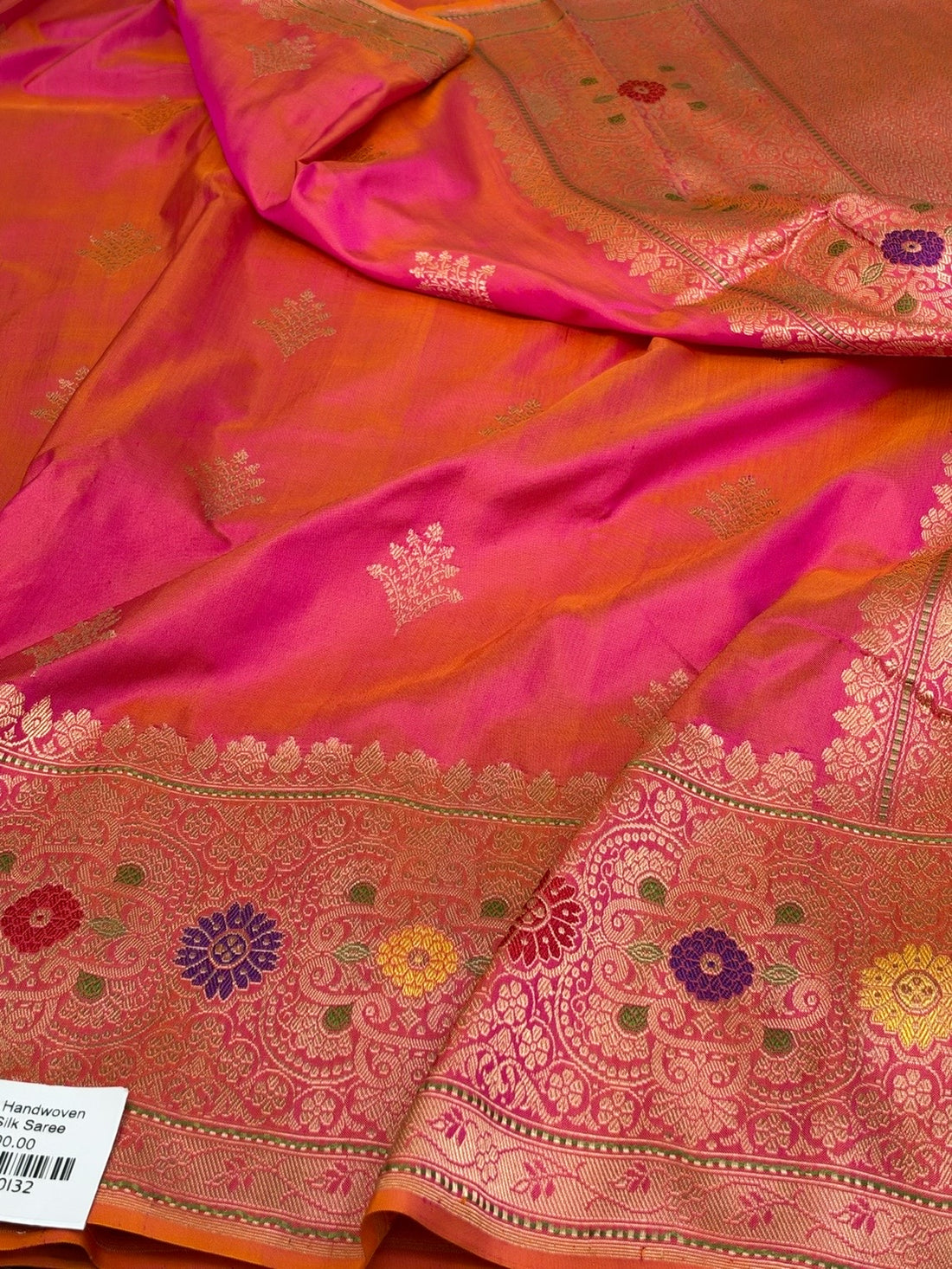 Orangish Pink Handwoven Pure Banarasi Ektara Silk Saree – Kadwa Iktara Weave, Pure Mulberry Silk