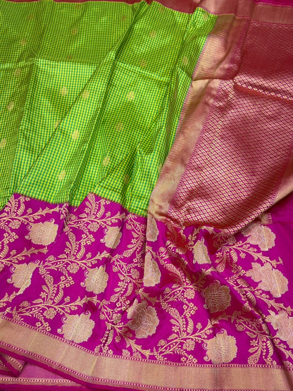 Parrot Green Handwoven Pure Banarasi Ektara Silk Saree – Kadwa Iktara Weave, Rani Pink Skirt Border Pure Mulberry Silk