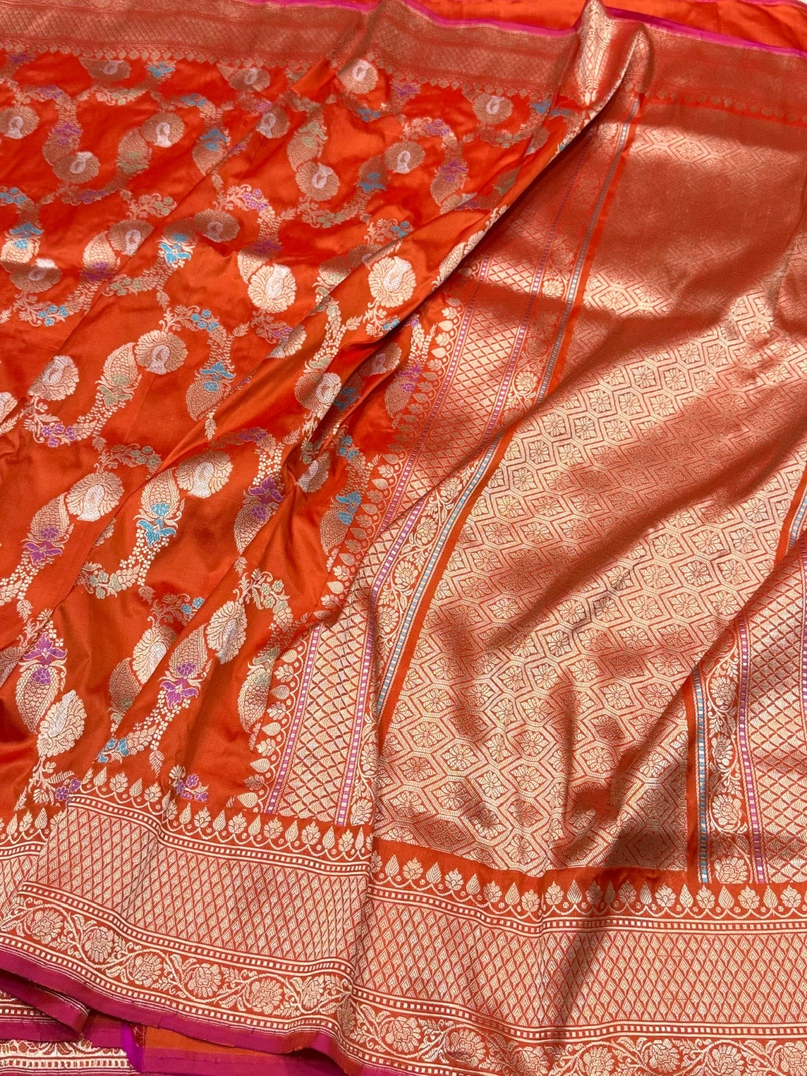 Orange Handwoven Pure Banarasi Silk Saree in Kadwa Weave | Authentic Katan Mulberry Silk