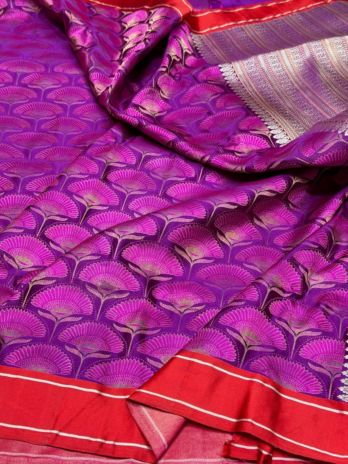 Purple Handwoven Pure Banarasi Satin Silk Saree – Kadwa Handloom Masterpiece