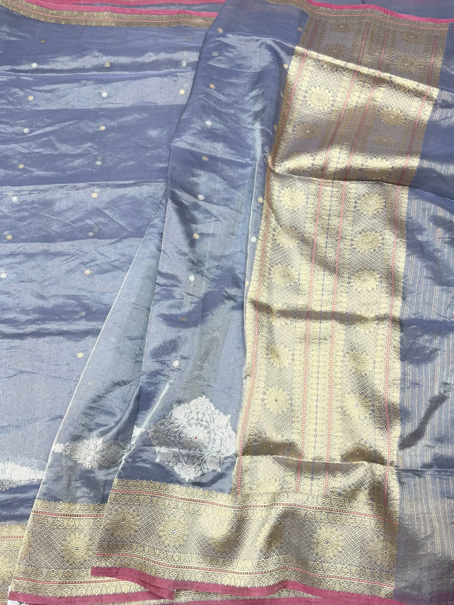 Bluish Grey Handwoven Pure Banarasi Tissue Silk Saree