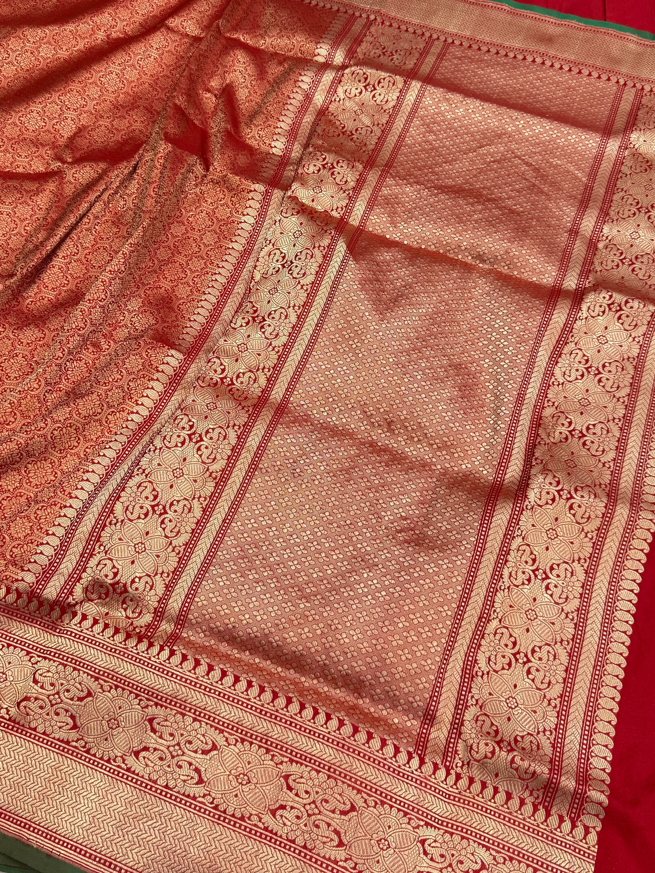 Red Pure Banarasi Silk Brocade Saree in Katan Mulberry Silk – Classic Banaras Weave