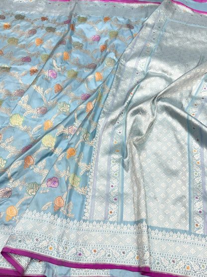 Powder Blue Handwoven Pure Banarasi Katan Silk Saree – Authentic Kadwa Weave