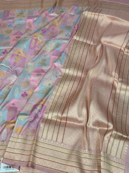 Peach Handwoven Pure Banarasi Rangkaat Silk Saree