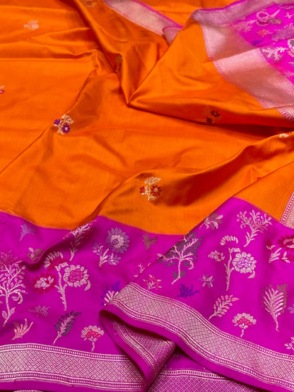 Orange/pink Handwoven Pure Banarasi Ektara Silk Saree