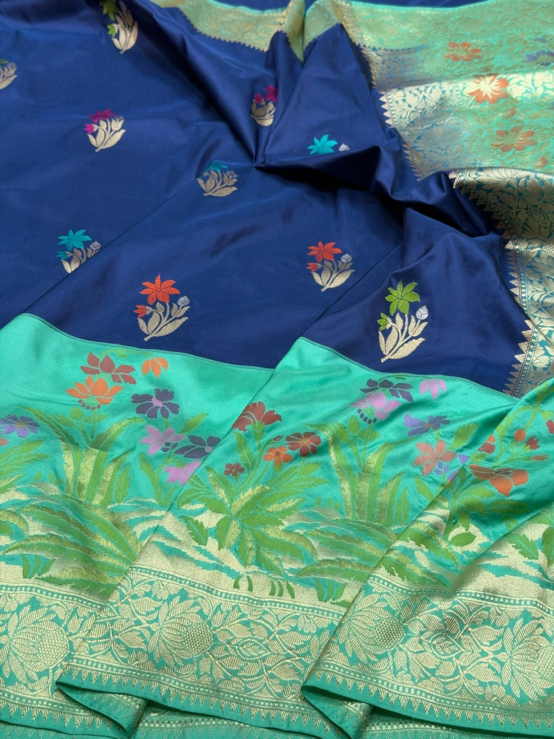 Navy Blue &amp; Sea Green Handwoven Pure Banarasi Silk Saree – Kadwa Weave in 100% Katan Mulberry Silk