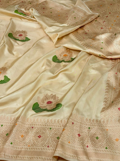 Ivory Cream Handwoven Pure Banarasi Ektara Silk Saree