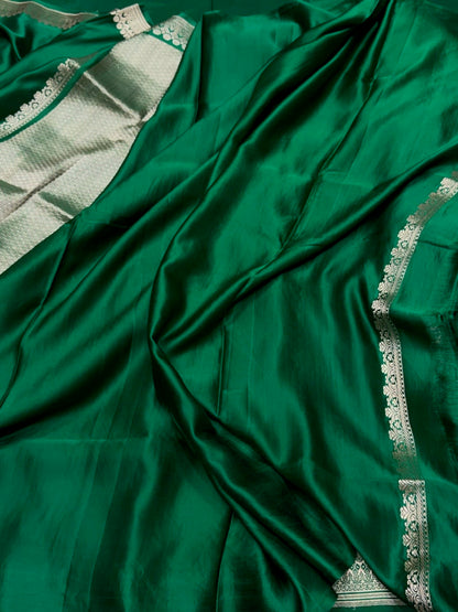 Bottle Green Handwoven Pure Mashru Banarasi Satin Silk Saree