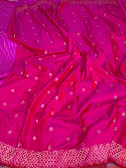 Rani Pink Handwoven Banarasi Pure Katan Jamdani Saree
