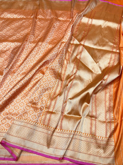 Orange Pure Banarasi Silk Brocade Saree in Katan Mulberry Silk – Classic Banaras Weave