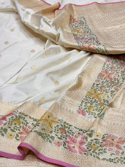 Ivory Handwoven Pure Banarasi Silk Saree – Kadwa Weave | Authentic Banaras Handloom