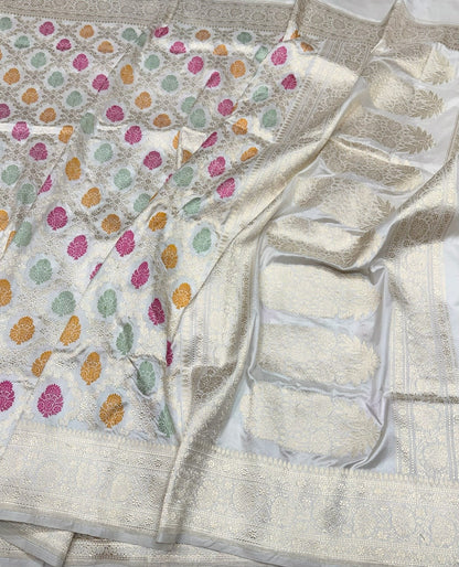 White Handwoven Pure Banarasi Silk Saree – Kadwa Weave in 100% Katan Mulberry Silk