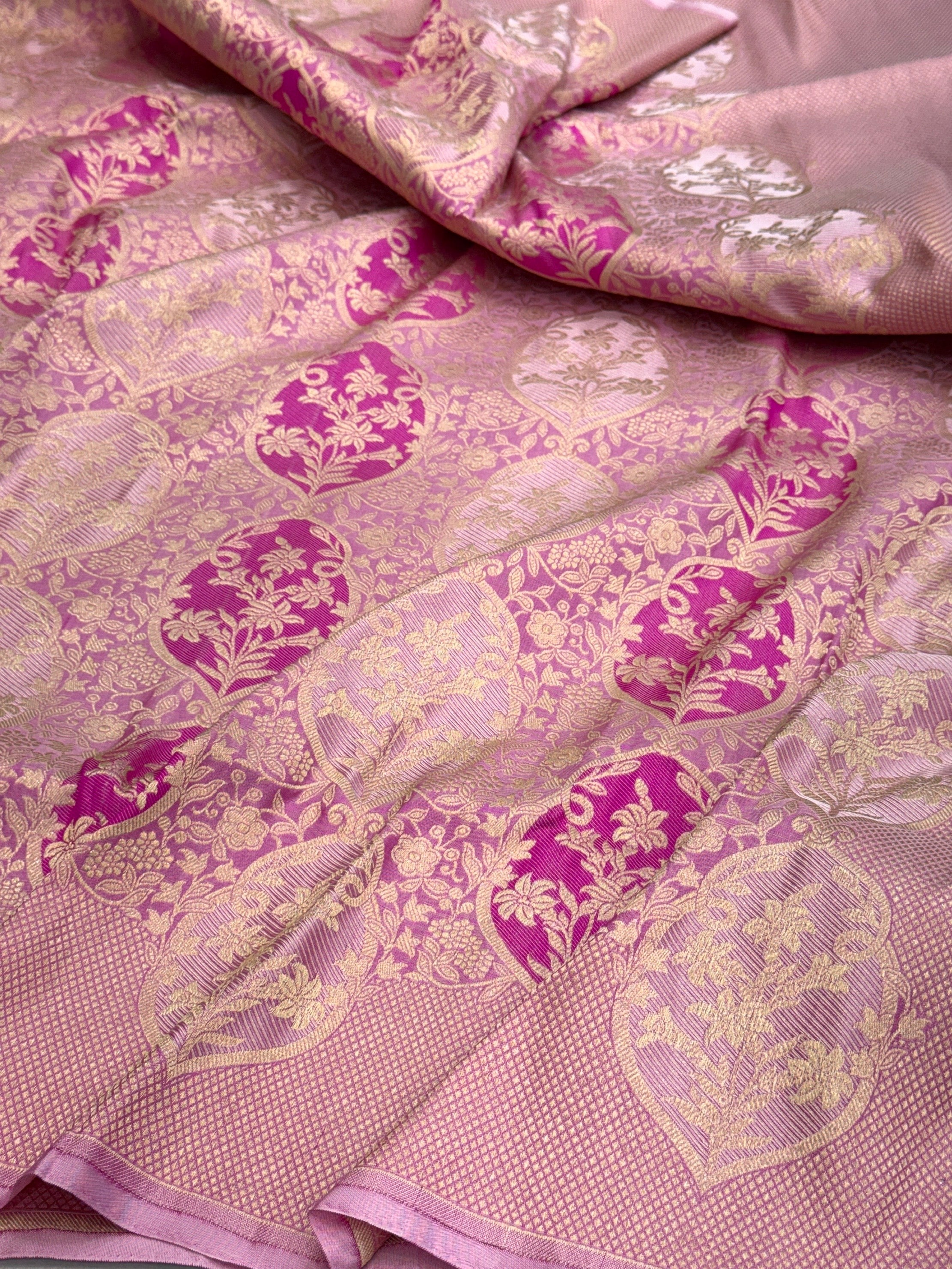 Baby Pink Banarasi Minakari Pure Silk Brocade Saree | 100% Pure Katan Silk