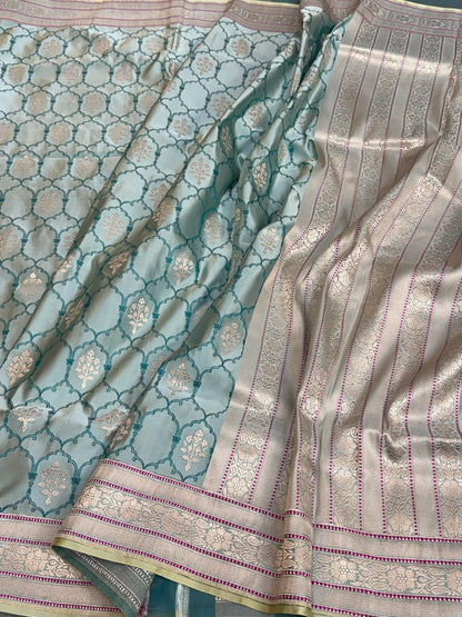 Ice Blue Handwoven Pure Banarasi Satin Silk Saree