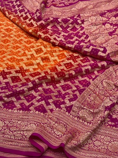 Rani Pink Banarasi Pure Bandhej Georgette Saree – Luxury Cutwork Brocade Festive Saree