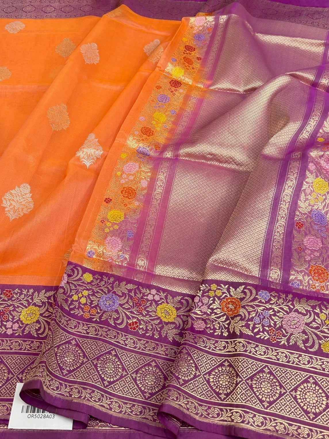 Orange Handwoven Banarasi Pure Organza Silk Saree