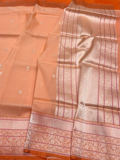 Peach Handwoven Pure Organza Silk Saree