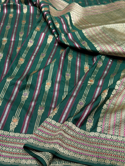 Bottle Green Handwoven Pure Banarasi Silk Saree