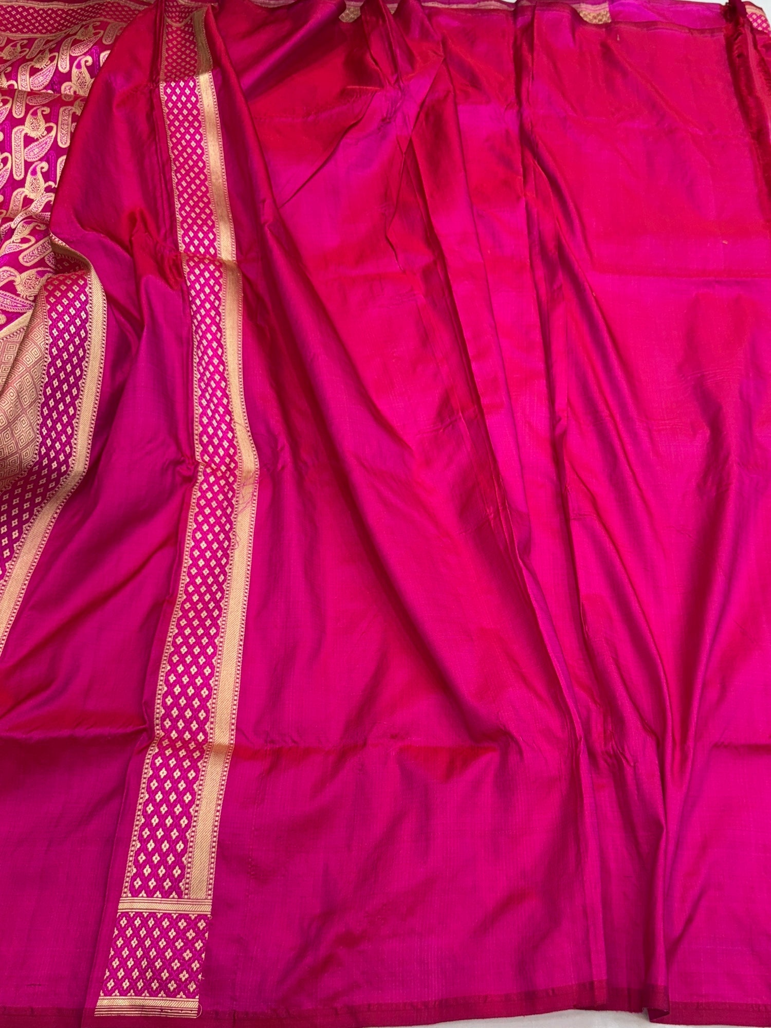 Rani Pink Handwoven Pure Banarasi Satin Tanchoi Silk Saree – Traditional Cutwork Weave