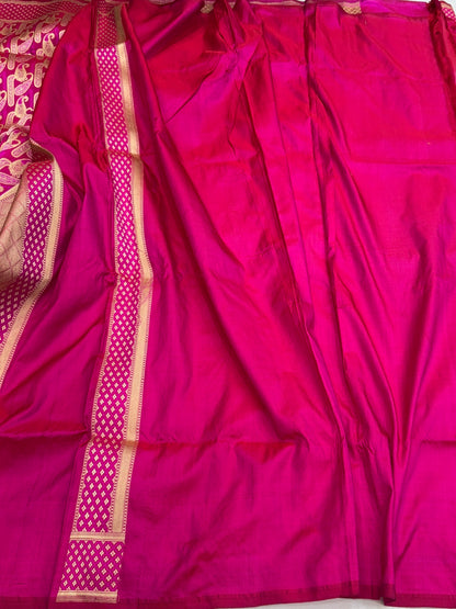 Rani Pink Handwoven Pure Banarasi Satin Tanchoi Silk Saree – Traditional Cutwork Weave
