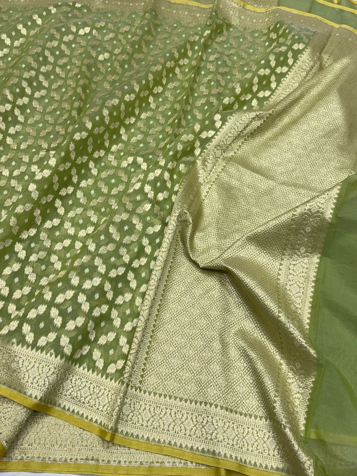 Green Banarasi Pure Kora Cotton Saree