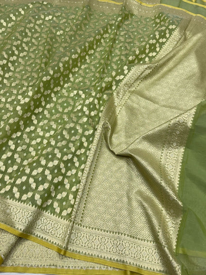 Green Banarasi Pure Kora Cotton Saree