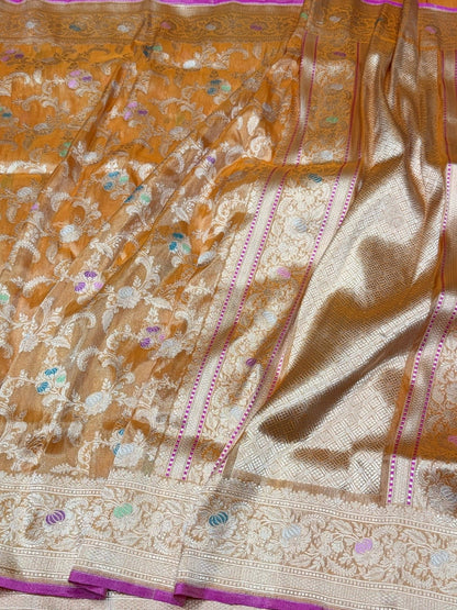 Orange Handwoven Banarasi Pure Silk Tissue Saree